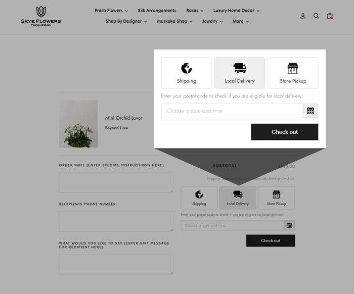 screenshot of local delivery available for florist ecommerce website