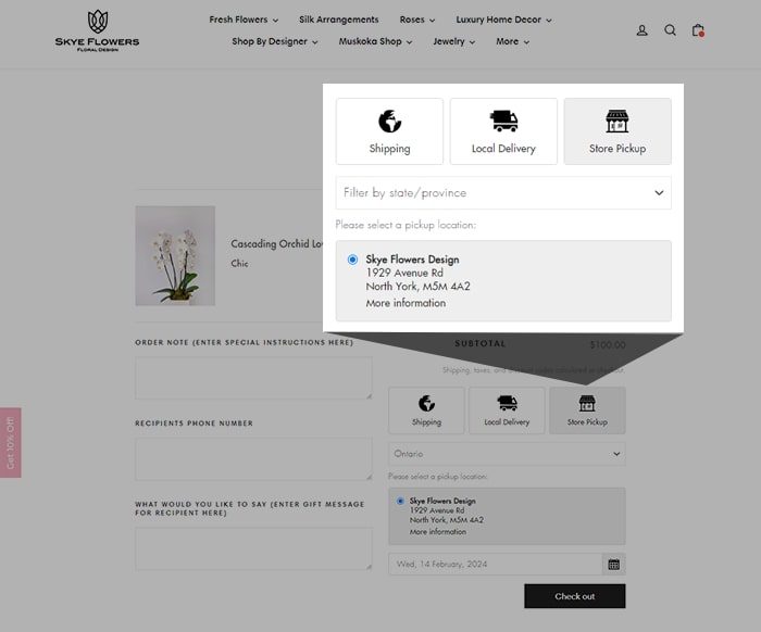 screenshot of store pick up option for florist ecommerce website
