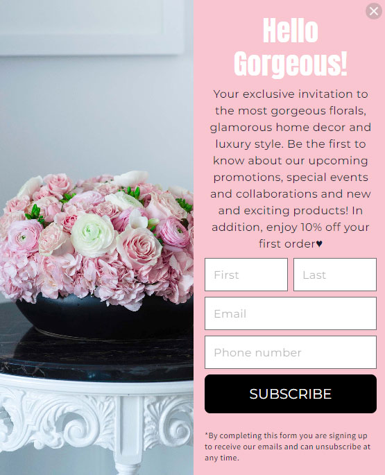 Screenshot for newsletter sign up widget for Shopify flower store