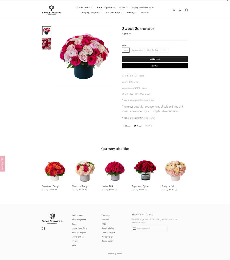 Product page design for online flower store